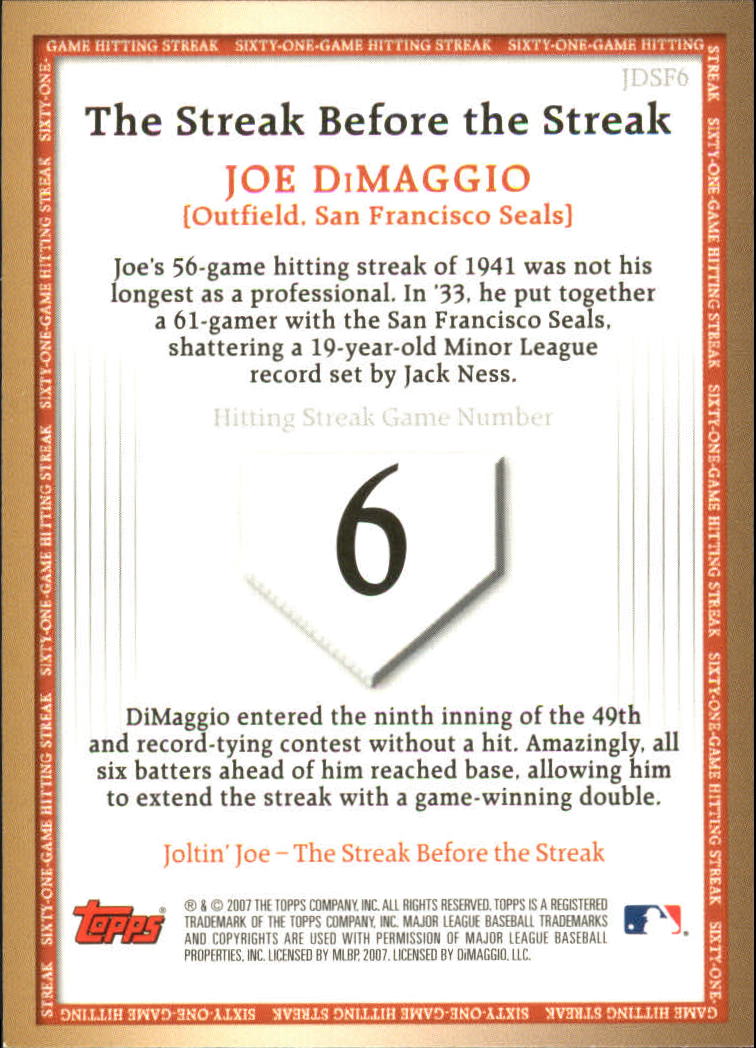 2007 Topps DiMaggio Streak Before the Streak #JDSF6 Joe DiMaggio back image