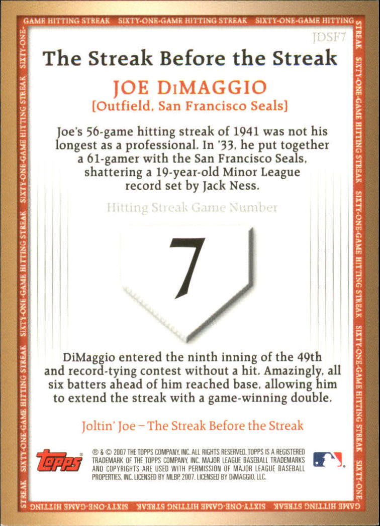 2007 Topps DiMaggio Streak Before the Streak #JDSF7 Joe DiMaggio back image