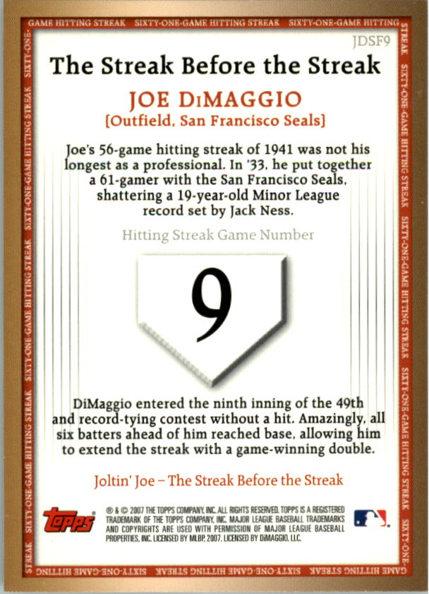 2007 Topps DiMaggio Streak Before the Streak #JDSF9 Joe DiMaggio back image