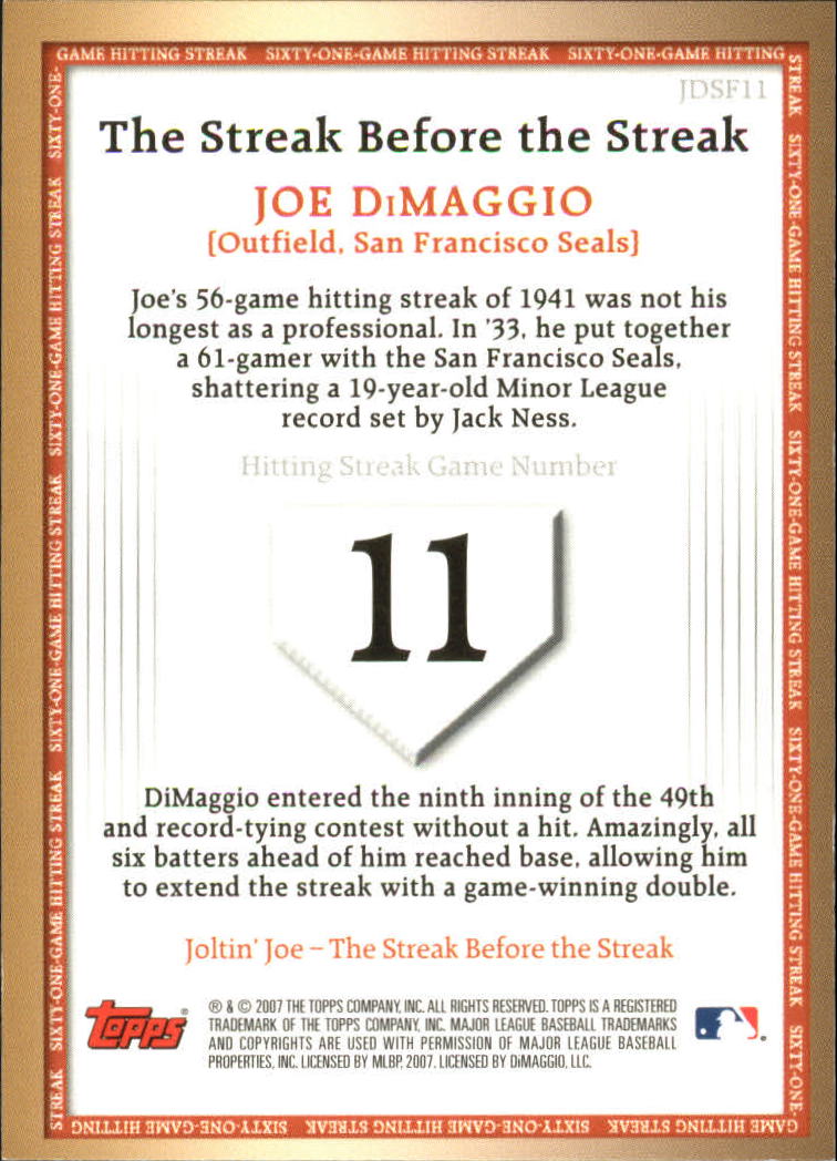 2007 Topps DiMaggio Streak Before the Streak #JDSF11 Joe DiMaggio back image