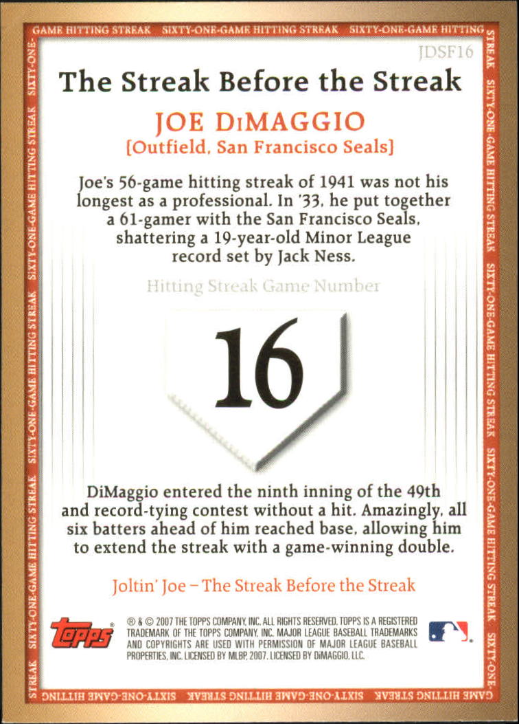 2007 Topps DiMaggio Streak Before the Streak #JDSF15 Joe DiMaggio back image