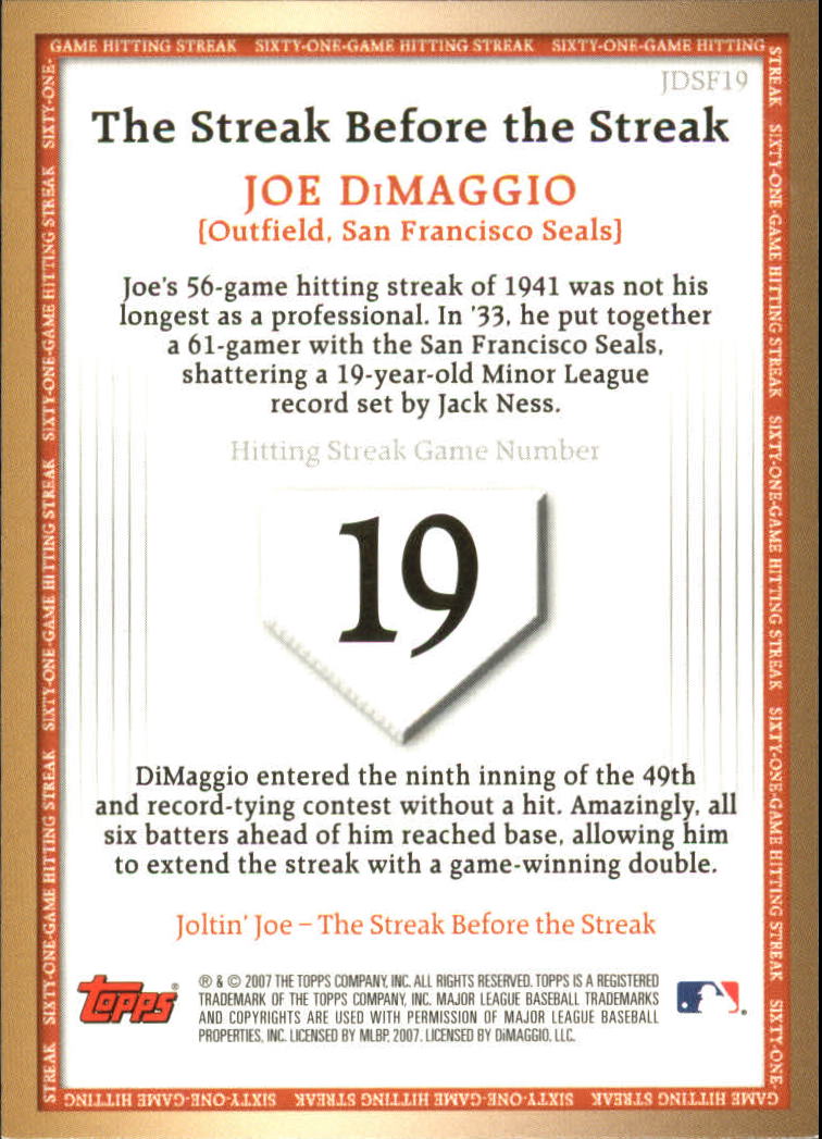 2007 Topps DiMaggio Streak Before the Streak #JDSF19 Joe DiMaggio back image