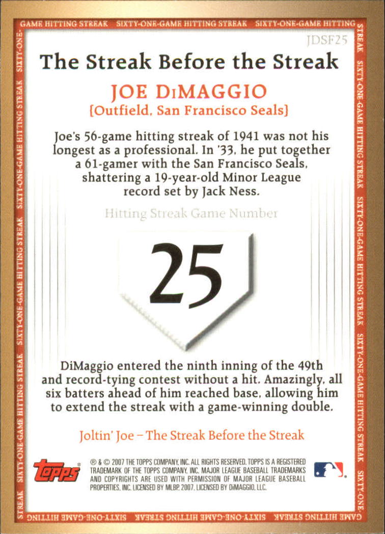 2007 Topps DiMaggio Streak Before the Streak #JDSF25 Joe DiMaggio back image