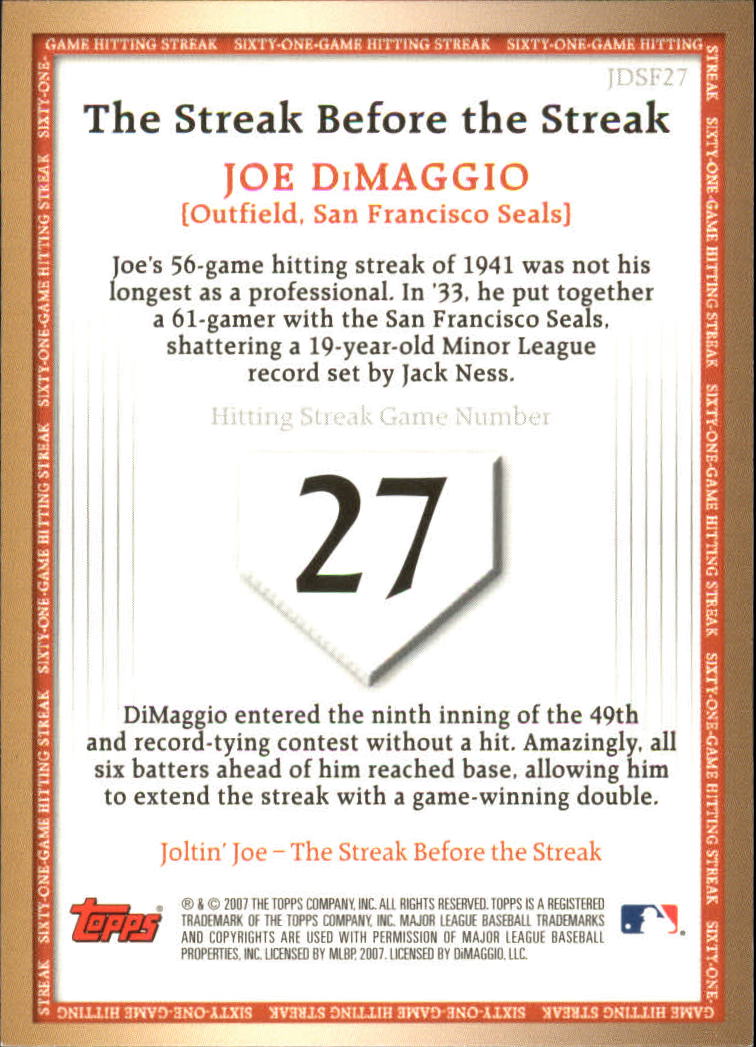 2007 Topps DiMaggio Streak Before the Streak #JDSF27 Joe DiMaggio back image