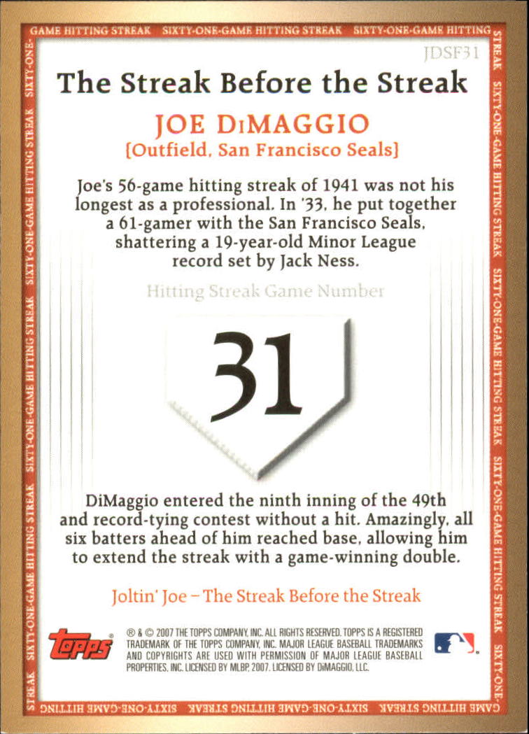 2007 Topps DiMaggio Streak Before the Streak #JDSF31 Joe DiMaggio back image