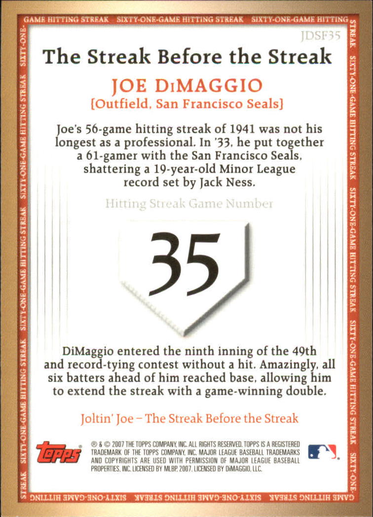2007 Topps DiMaggio Streak Before the Streak #JDSF35 Joe DiMaggio back image