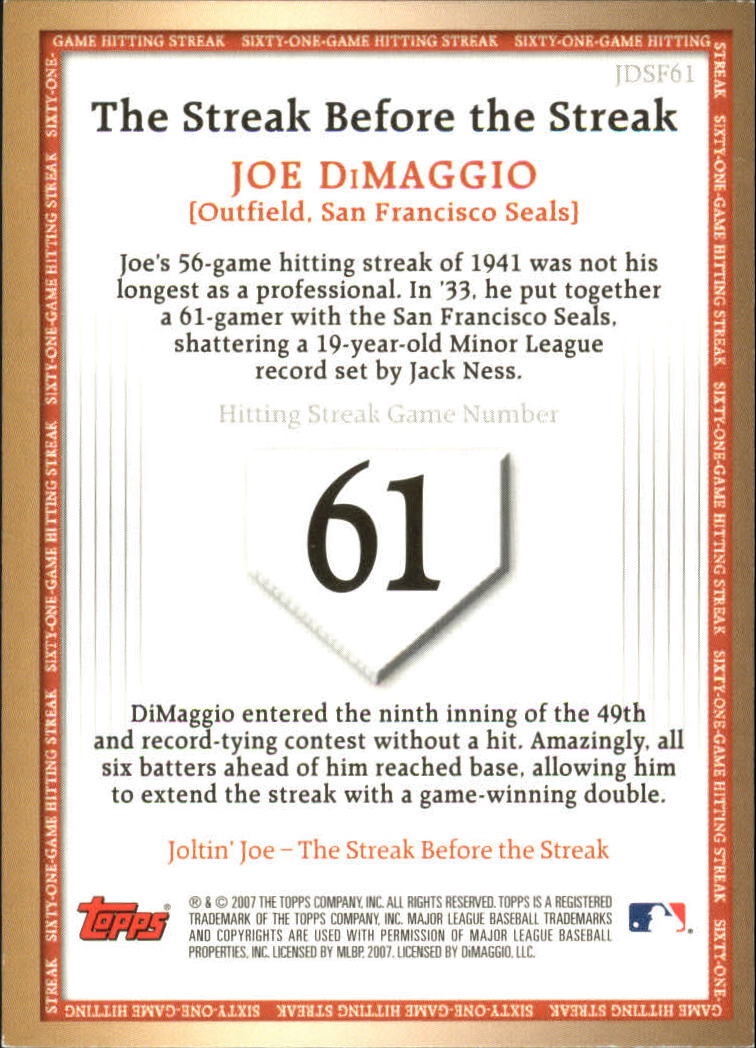 2007 Topps DiMaggio Streak Before the Streak #JDSF61 Joe DiMaggio back image