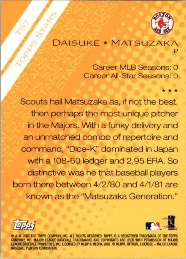 2007 Topps Stars #TS7 Daisuke Matsuzaka back image