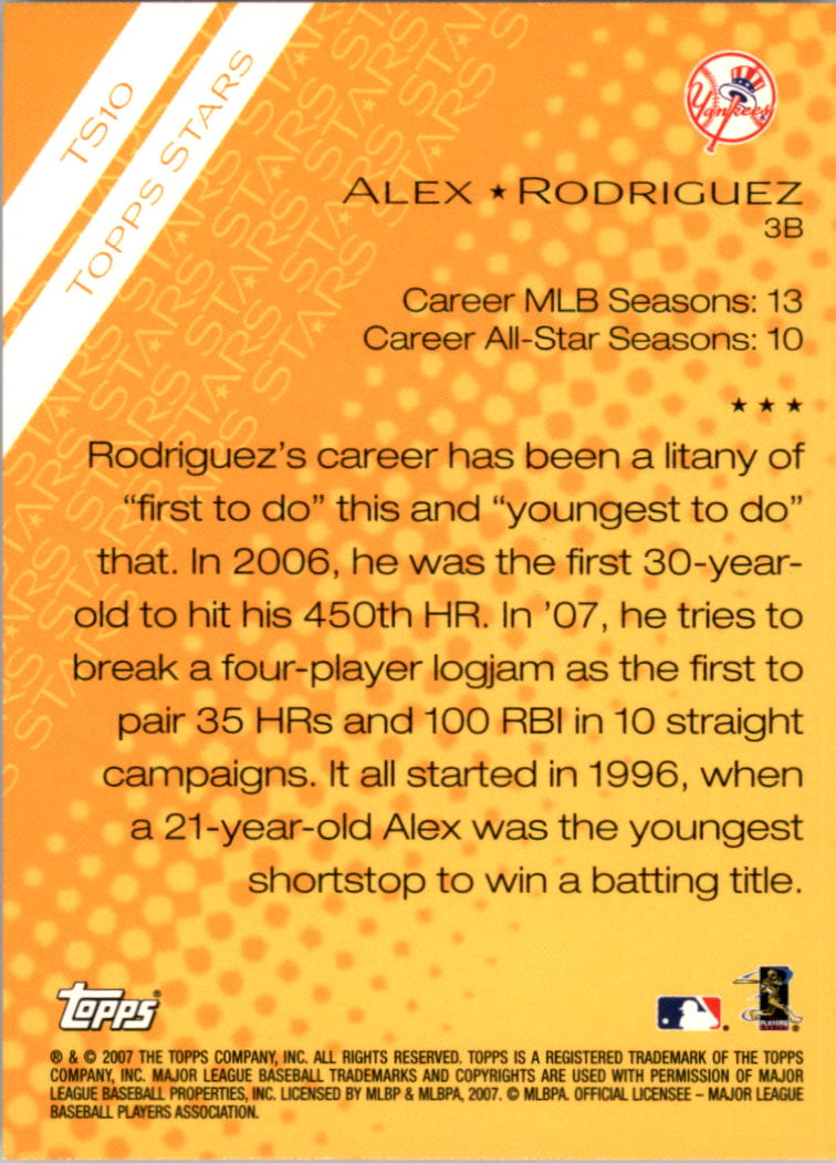 2007 Topps Stars #TS10 Alex Rodriguez back image