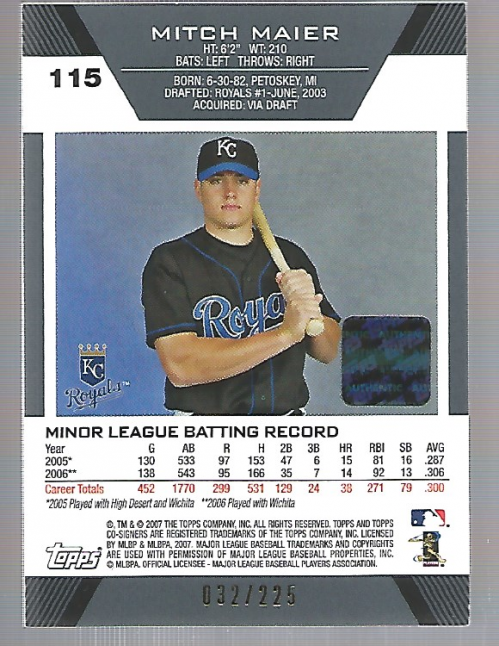 2007 Topps Co-Signers Blue #115 Mitch Maier AU back image