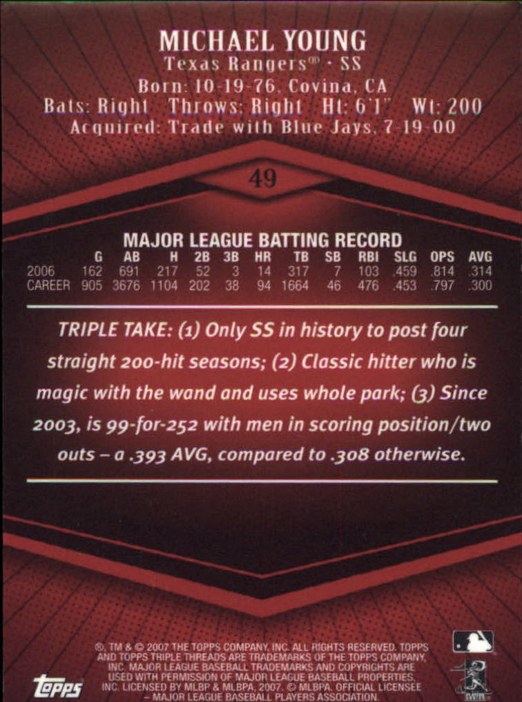2007 Topps Triple Threads #49 Michael Young back image