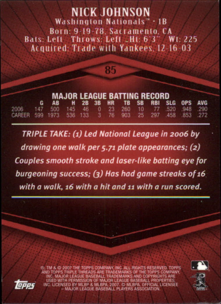 2007 Topps Triple Threads #85 Nick Johnson back image