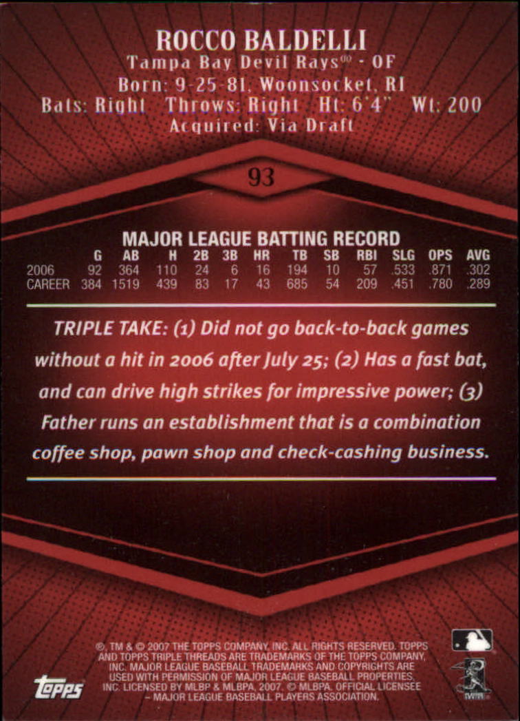 2007 Topps Triple Threads #93 Rocco Baldelli back image