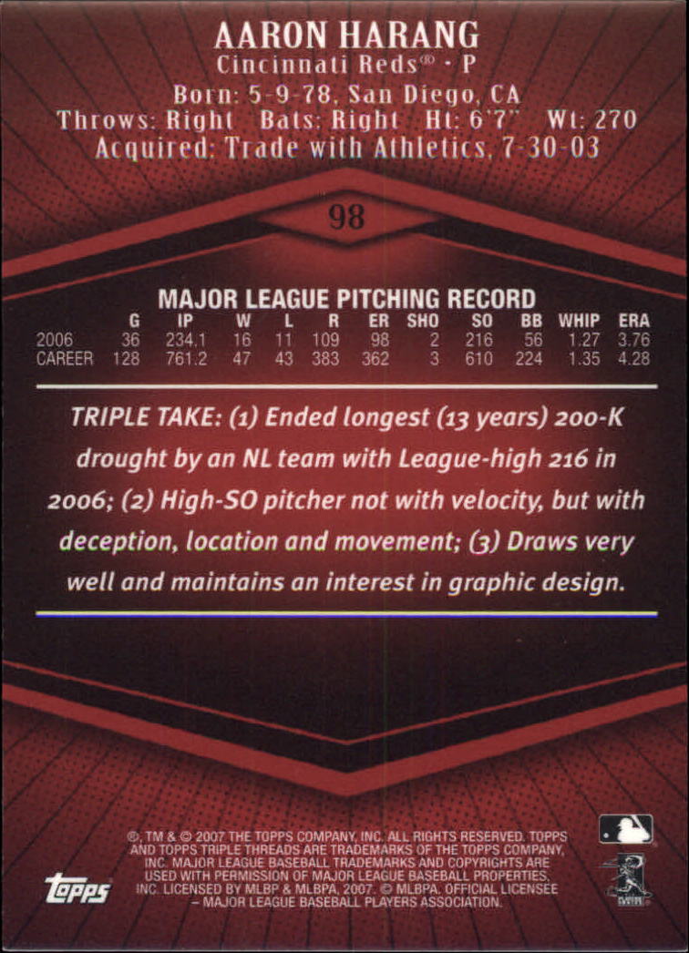 2007 Topps Triple Threads #98 Aaron Harang back image