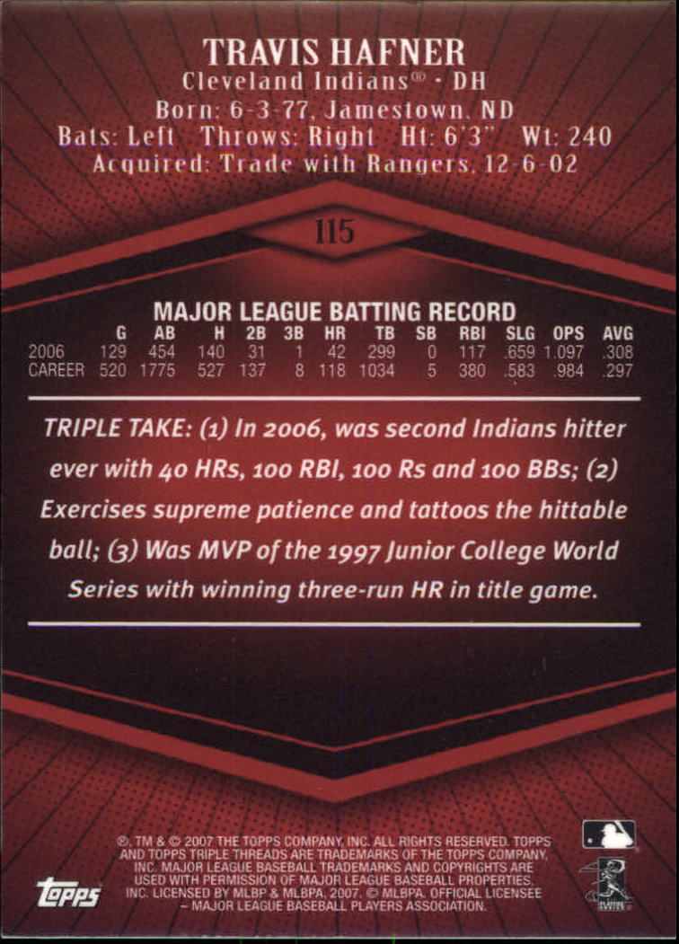 2007 Topps Triple Threads #115 Travis Hafner back image
