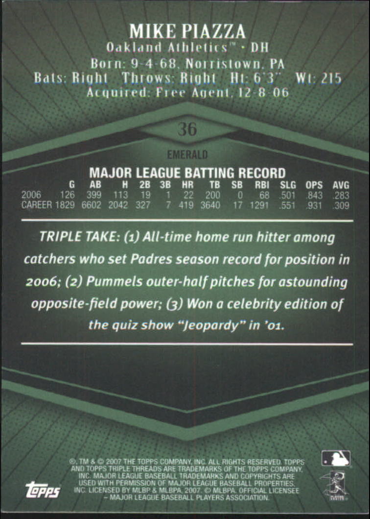 2007 Topps Triple Threads Emerald #36 Mike Piazza back image