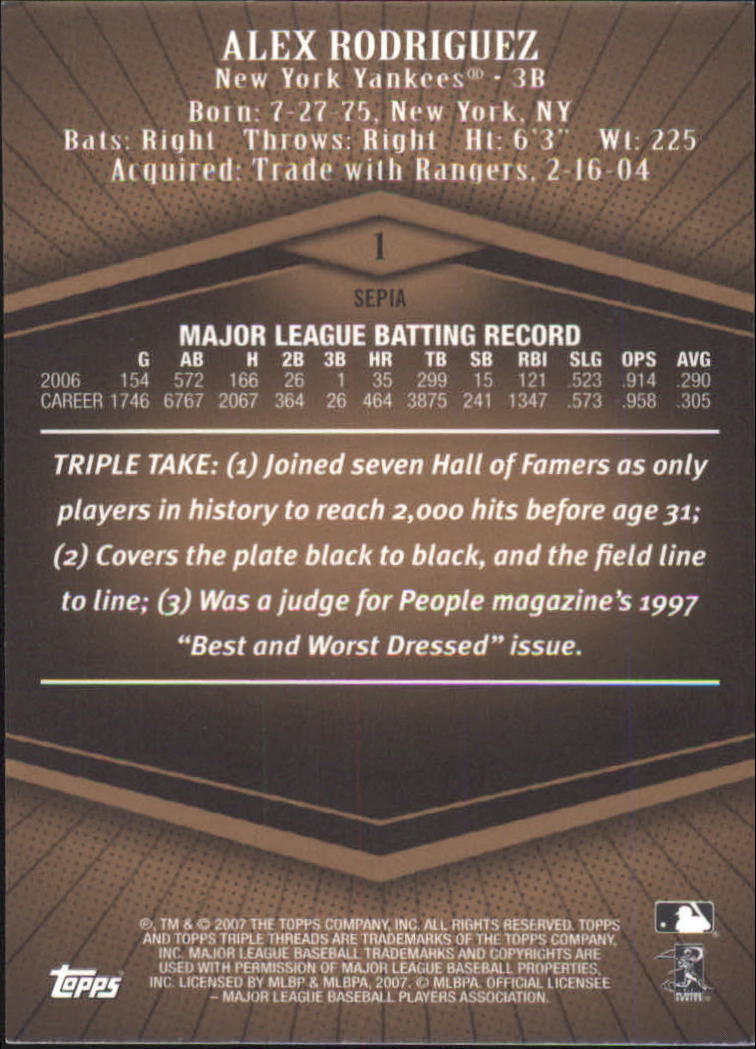 2007 Topps Triple Threads Sepia #1 Alex Rodriguez back image