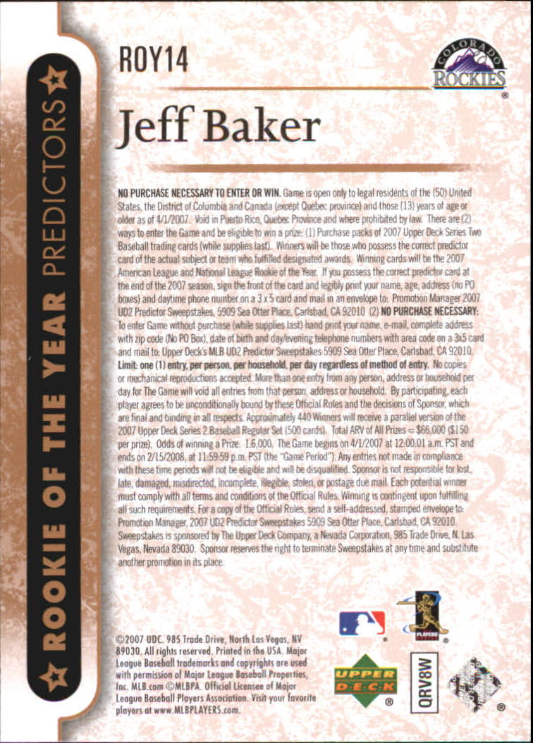 2007 Upper Deck Rookie of the Year Predictor #ROY14 Jeff Baker back image