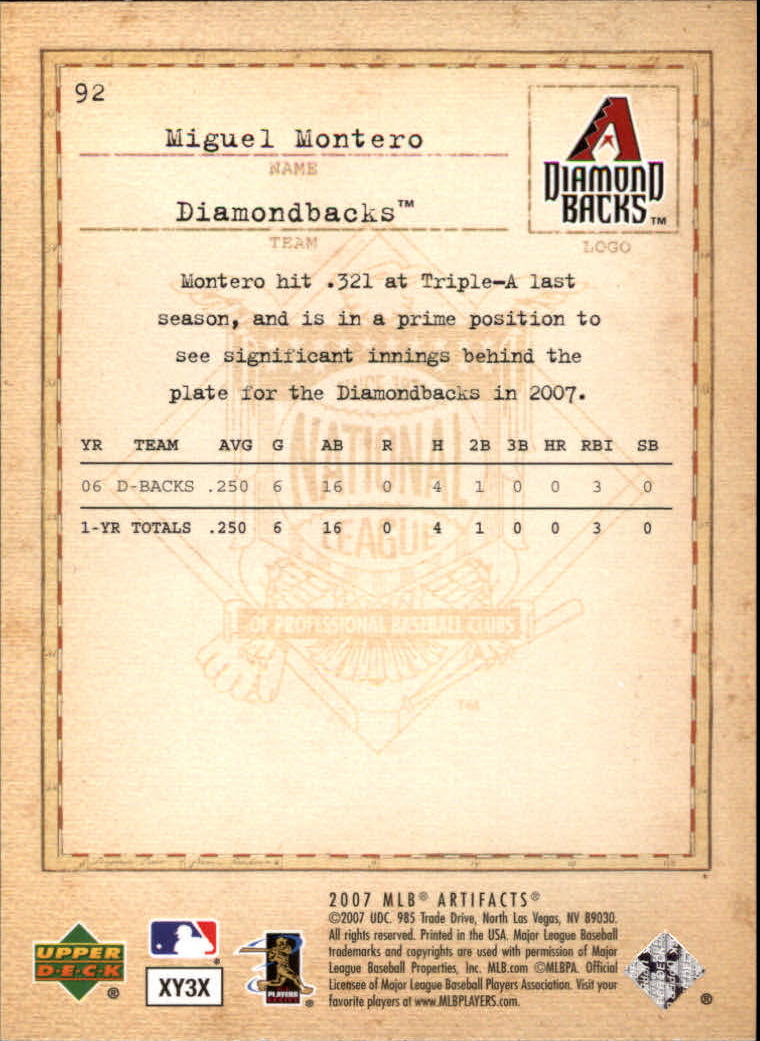 2007 Artifacts #92 Miguel Montero (RC) back image
