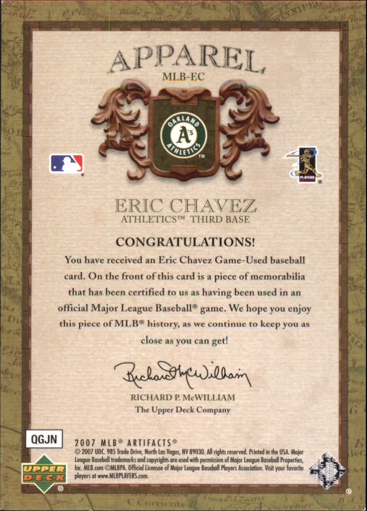 2007 Artifacts MLB Apparel #EC Eric Chavez back image