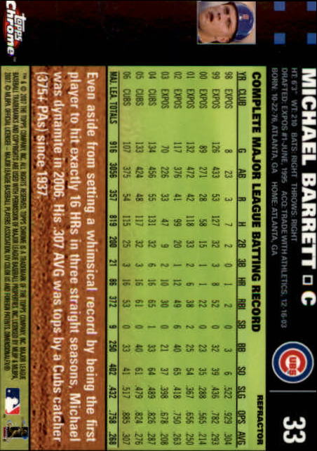 2007 Topps Chrome Refractors #33 Michael Barrett back image