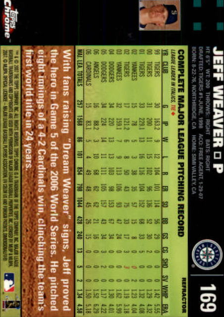 2007 Topps Chrome Refractors #169 Jeff Weaver back image