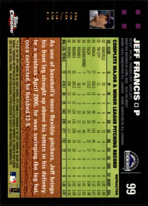 2007 Topps Chrome White Refractors #99 Jeff Francis back image