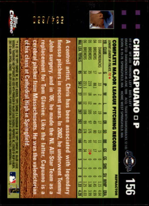 2007 Topps Chrome White Refractors #156 Chris Capuano back image