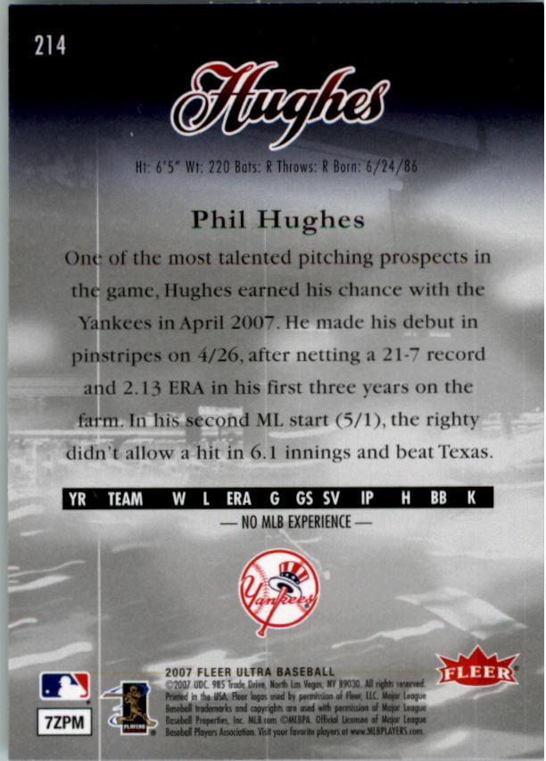 2007 Ultra #214 Phil Hughes (RC) back image