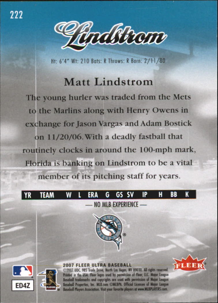 2007 Ultra Retail #222 Matt Lindstrom (RC) back image