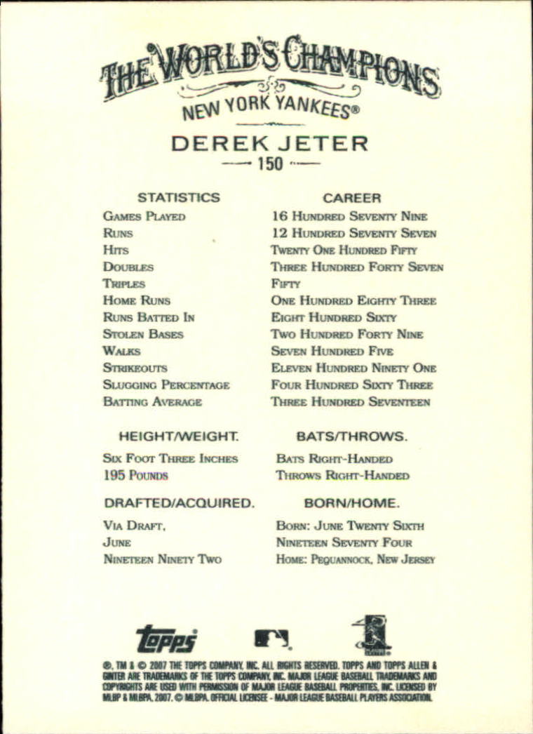 2007 Topps Allen and Ginter #150 Derek Jeter back image