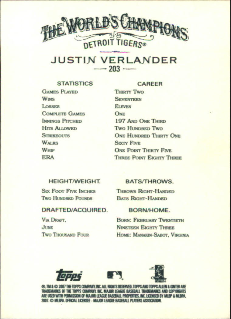 2007 Topps Allen and Ginter #203 Justin Verlander SP back image