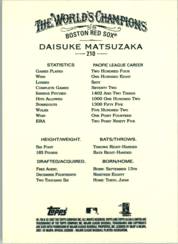 2007 Topps Allen and Ginter #210 Daisuke Matsuzaka RC back image