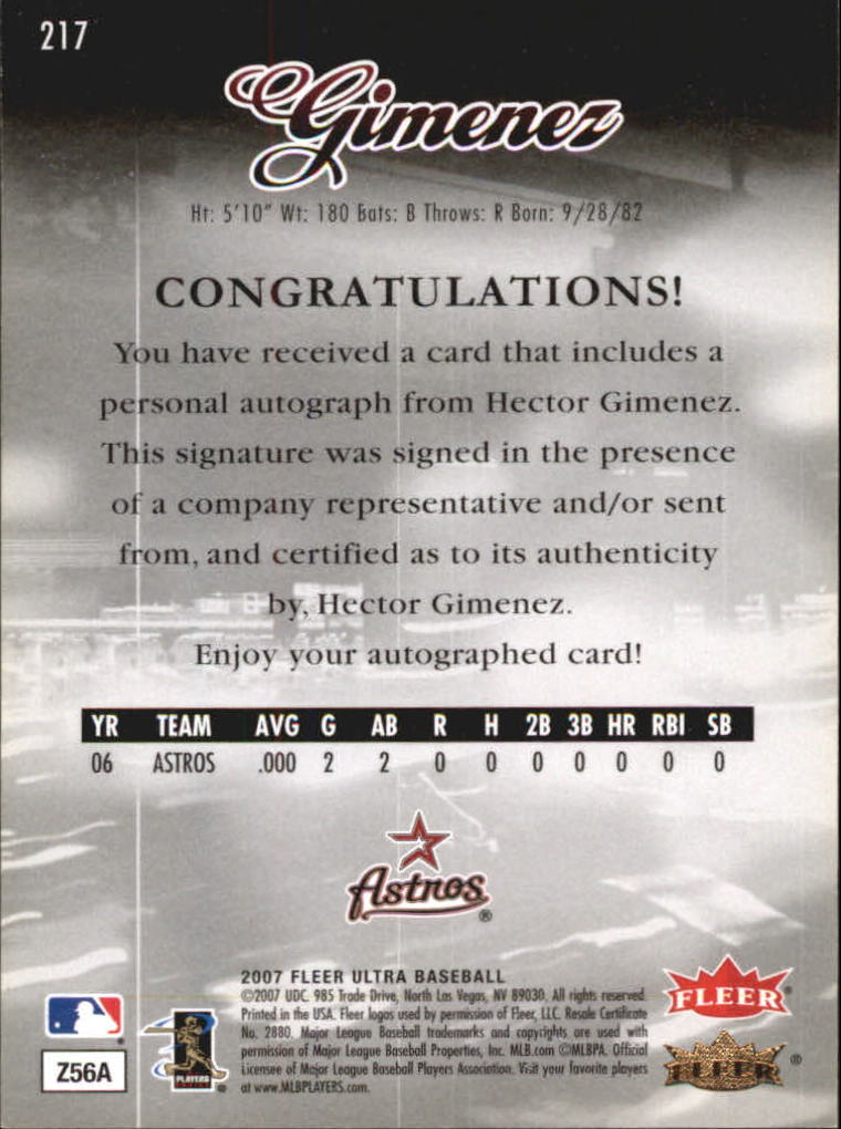 2007 Ultra Rookie Autographs #217b Hector Gimenez/349 back image