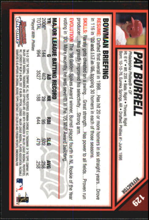 2007 Bowman Chrome Refractors #129 Pat Burrell back image