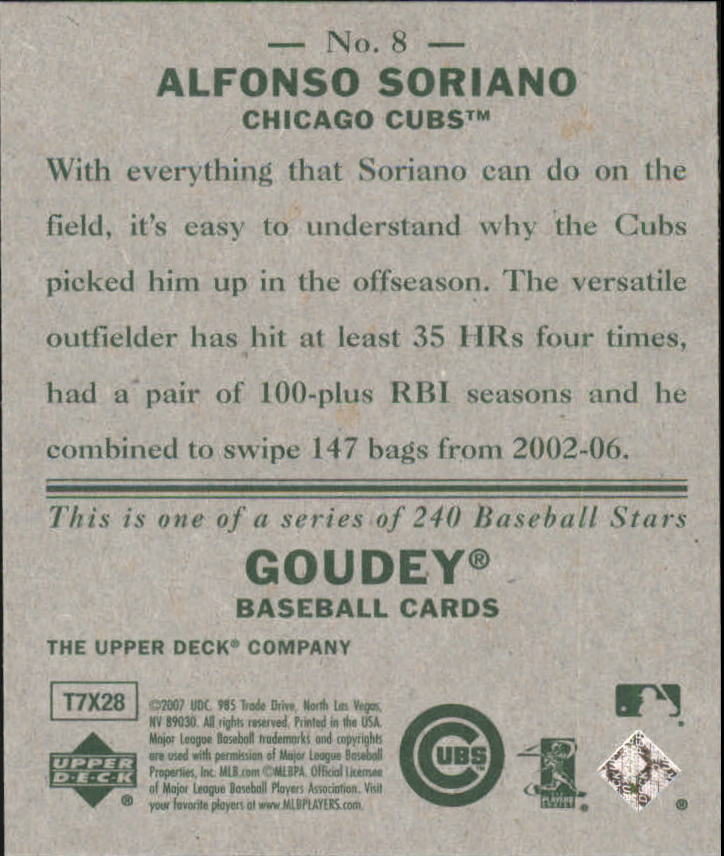 2007 Upper Deck Goudey #8 Alfonso Soriano back image