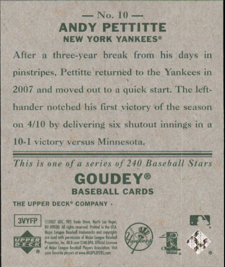 2007 Upper Deck Goudey #10 Andy Pettitte back image