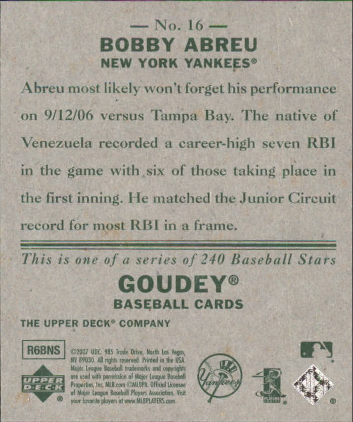 2007 Upper Deck Goudey #16 Bobby Abreu back image
