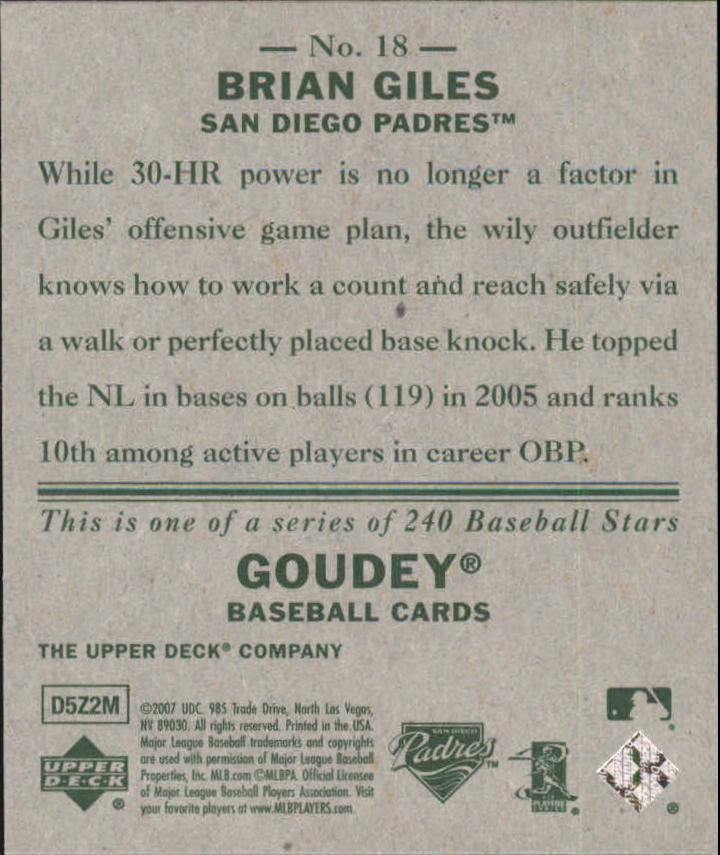 2007 Upper Deck Goudey #18 Brian Giles back image