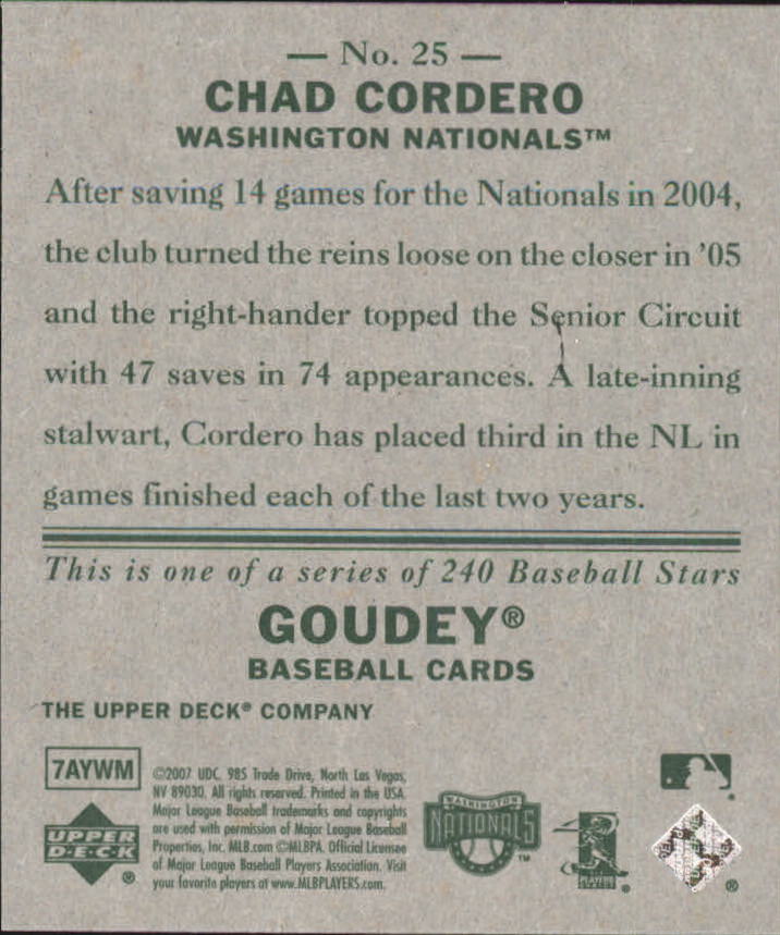 2007 Upper Deck Goudey #25 Chad Cordero back image