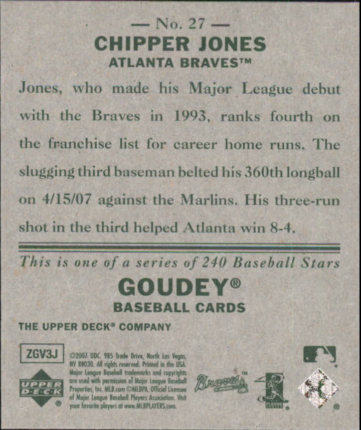 2007 Upper Deck Goudey #27 Chipper Jones back image