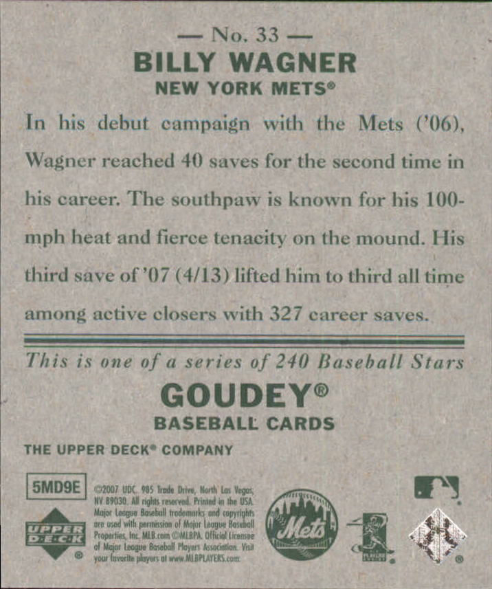2007 Upper Deck Goudey #33 Billy Wagner back image