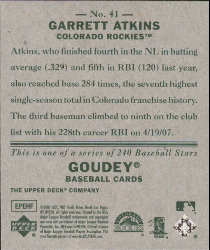 2007 Upper Deck Goudey #41 Garrett Atkins back image
