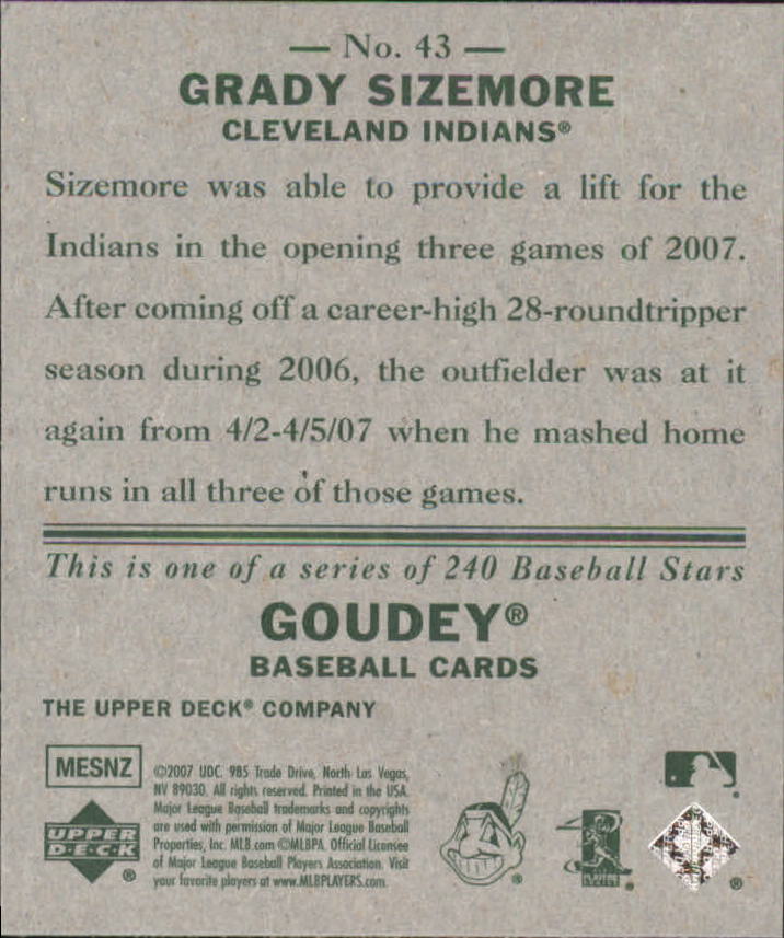 2007 Upper Deck Goudey #43 Grady Sizemore back image