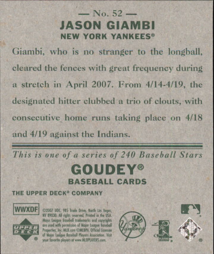 2007 Upper Deck Goudey #52 Jason Giambi back image