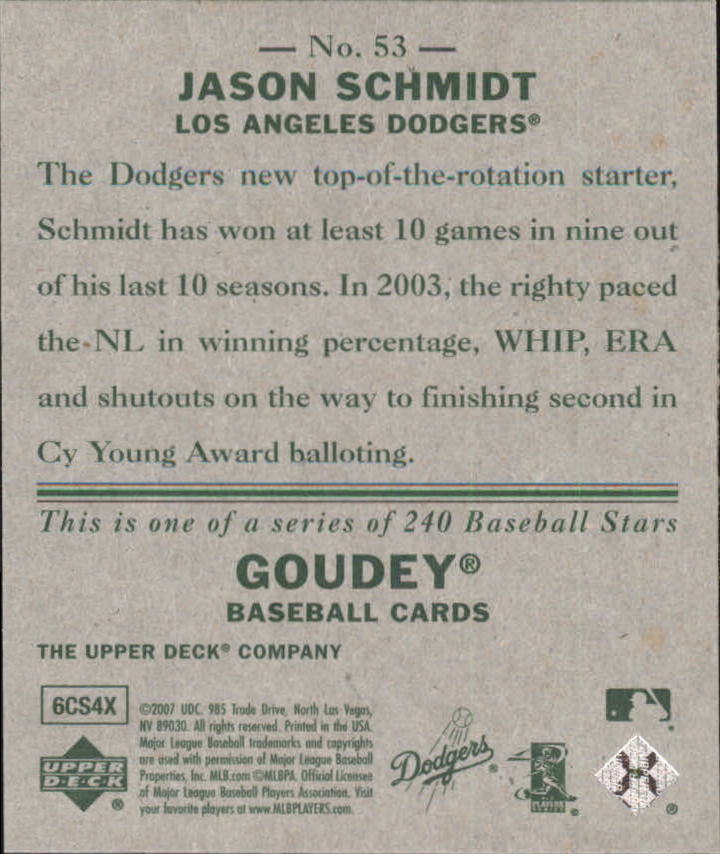2007 Upper Deck Goudey #53 Jason Schmidt back image