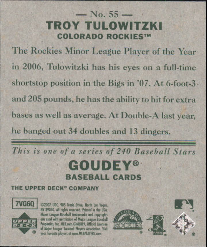 2007 Upper Deck Goudey #55 Troy Tulowitzki (RC) back image