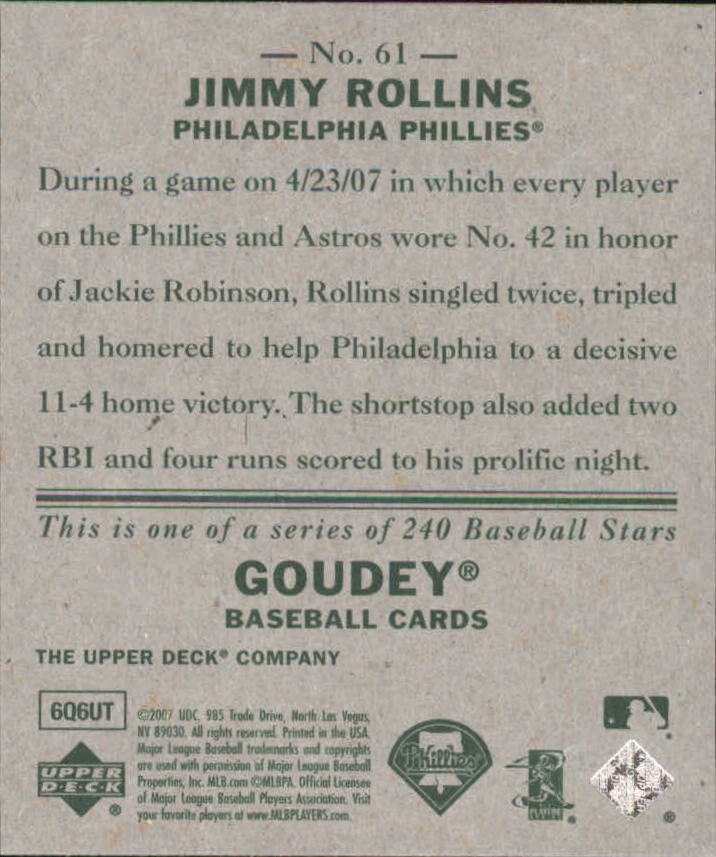 2007 Upper Deck Goudey #61 Jimmy Rollins back image