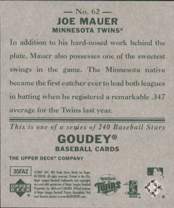 2007 Upper Deck Goudey #62 Joe Mauer back image