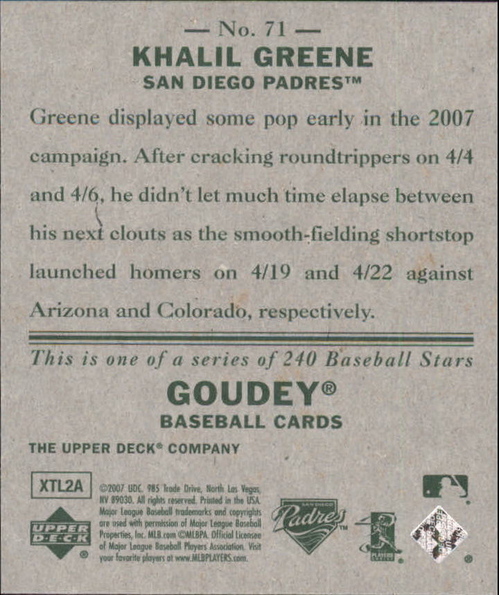 2007 Upper Deck Goudey #71 Khalil Greene back image